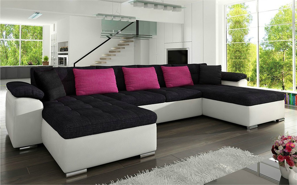 Manaya Gigant-U sofa i hvid med sort meleret hynder